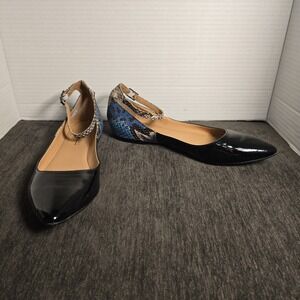 Marco Santi Womens Black Patent Blue Snakeskin Pointed Toe Ankle Strap Flats 6.5